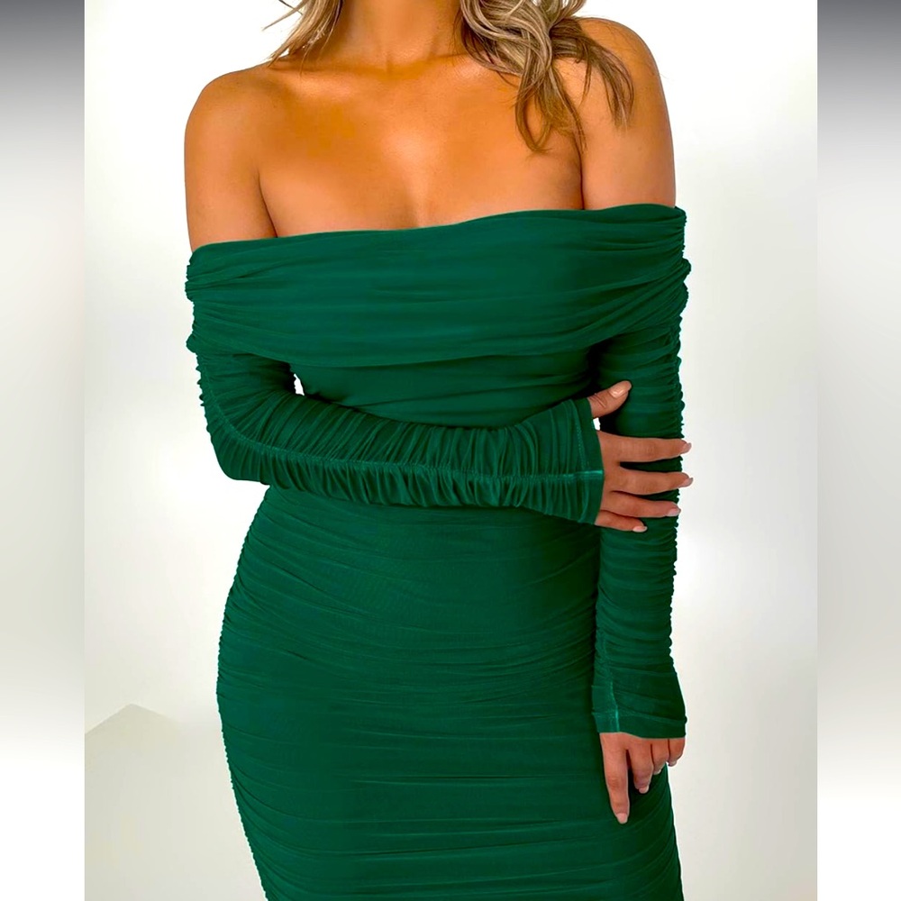 NWT PRETTYGARDEN Off Shoulder Maxi Bodycon Dress Long Sleeve Ruched with Slit